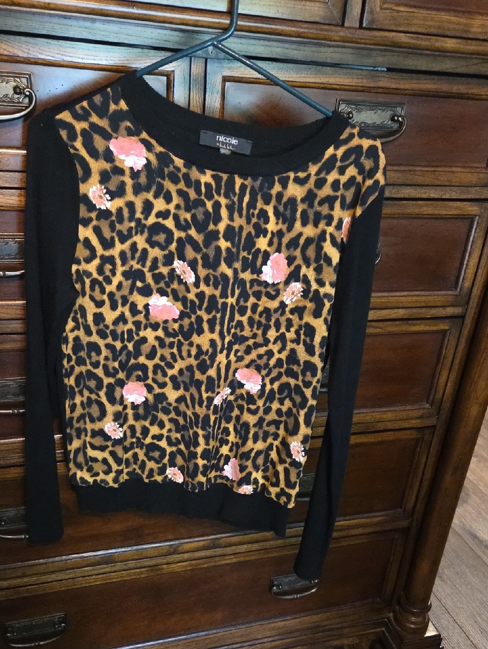 Nicole Miller Black Sleeve Leopard Print Sweater with Pink Floral Accents